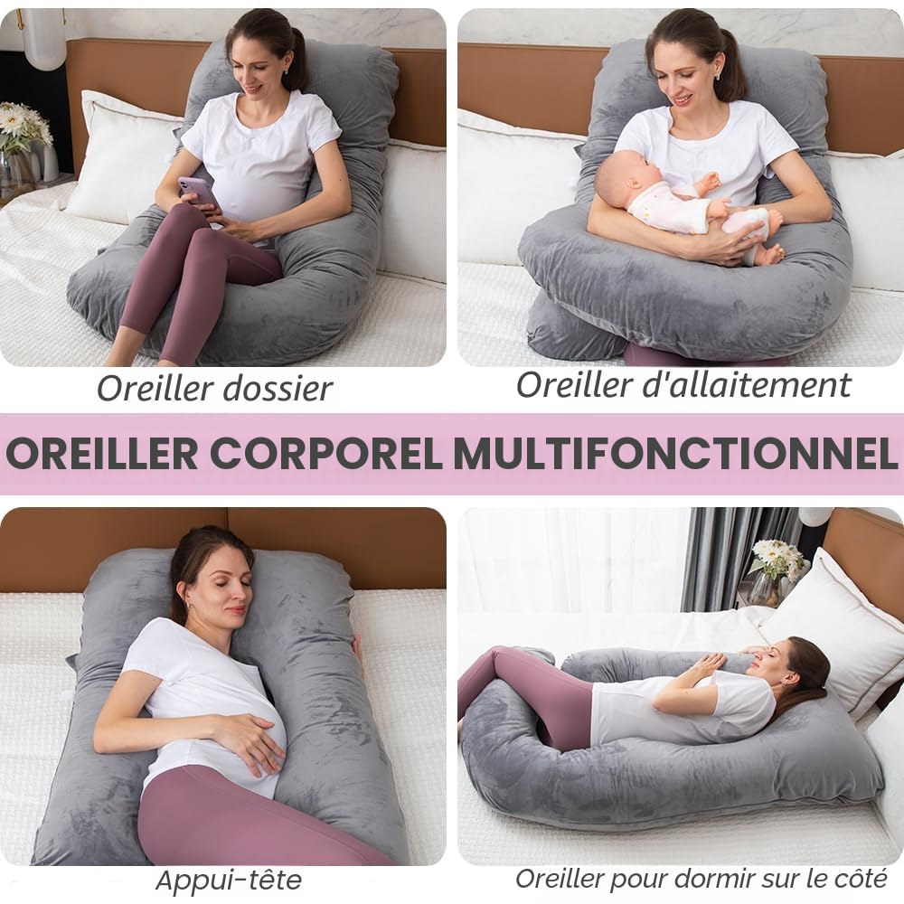 Coussin de Grossesse Complet en Forme de U avec Housse Amovible pour Femmes Enceintes, Coussin de Grossesse pour Dormir, Soutien pour Le Dos, Les Jambes, Le Ventre,(Mousse à mémoire de Forme,Gris)