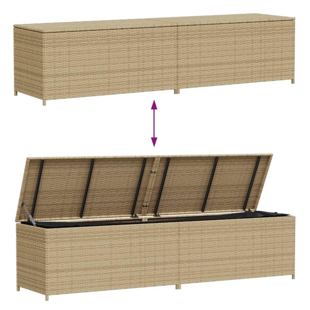 Cassapanca da giardino beige 469L polyrattan, impermeabile, resistente ai raggi UV, con molla a gas, per cuscini, cuscini e giocattoli, 200 x 50 x 58 cm