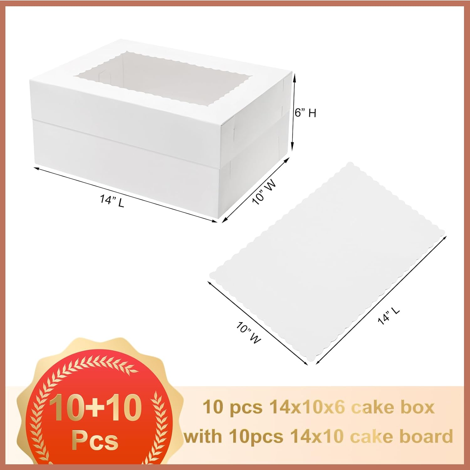 Mefleet 10pcs 14x10x6 Quarter Sheet Cake Boxes with 10 pcs Cake Boards - Rectangle Bakery Boxes with Window for Pastry Baking, Cupcakes, Donuts, Cookies, Pie Treat Packaging White Large