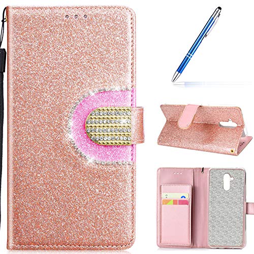 Robinsoni Case Compatible with Huawei Mate P20 Lite Phone Case Wallet Leather Phone Cover Book Style Cover Kickstand Case Folio Flip Phone Cover Shockproof Heavy Duty Case Sparkle Bling Case Rose Gold