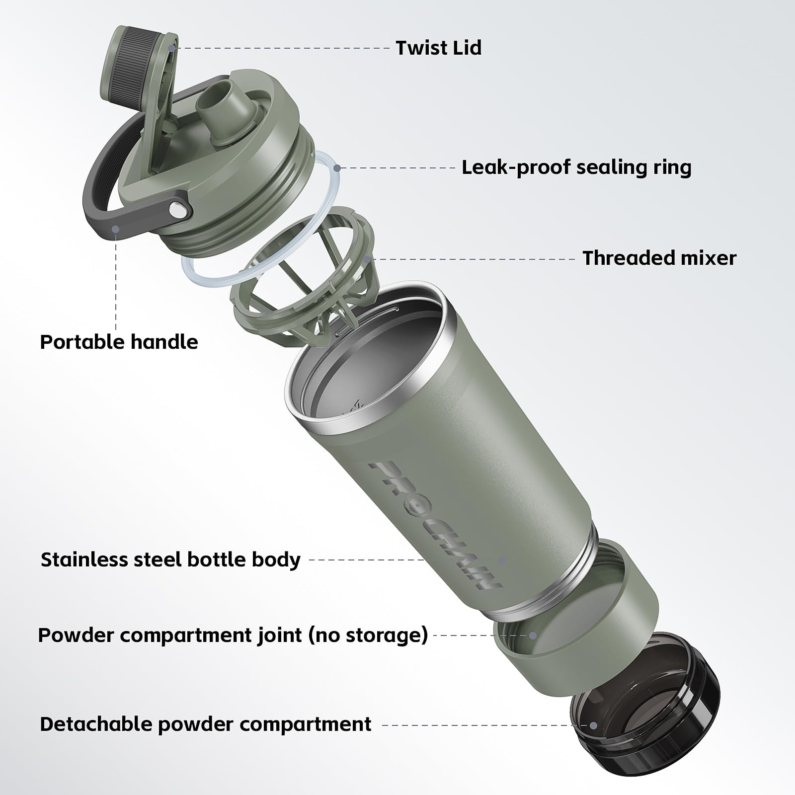 PROCHAIN Insulated Stainless Steel Protein Shaker Bottle, 20oz Metal Mixer — Amazon image 2