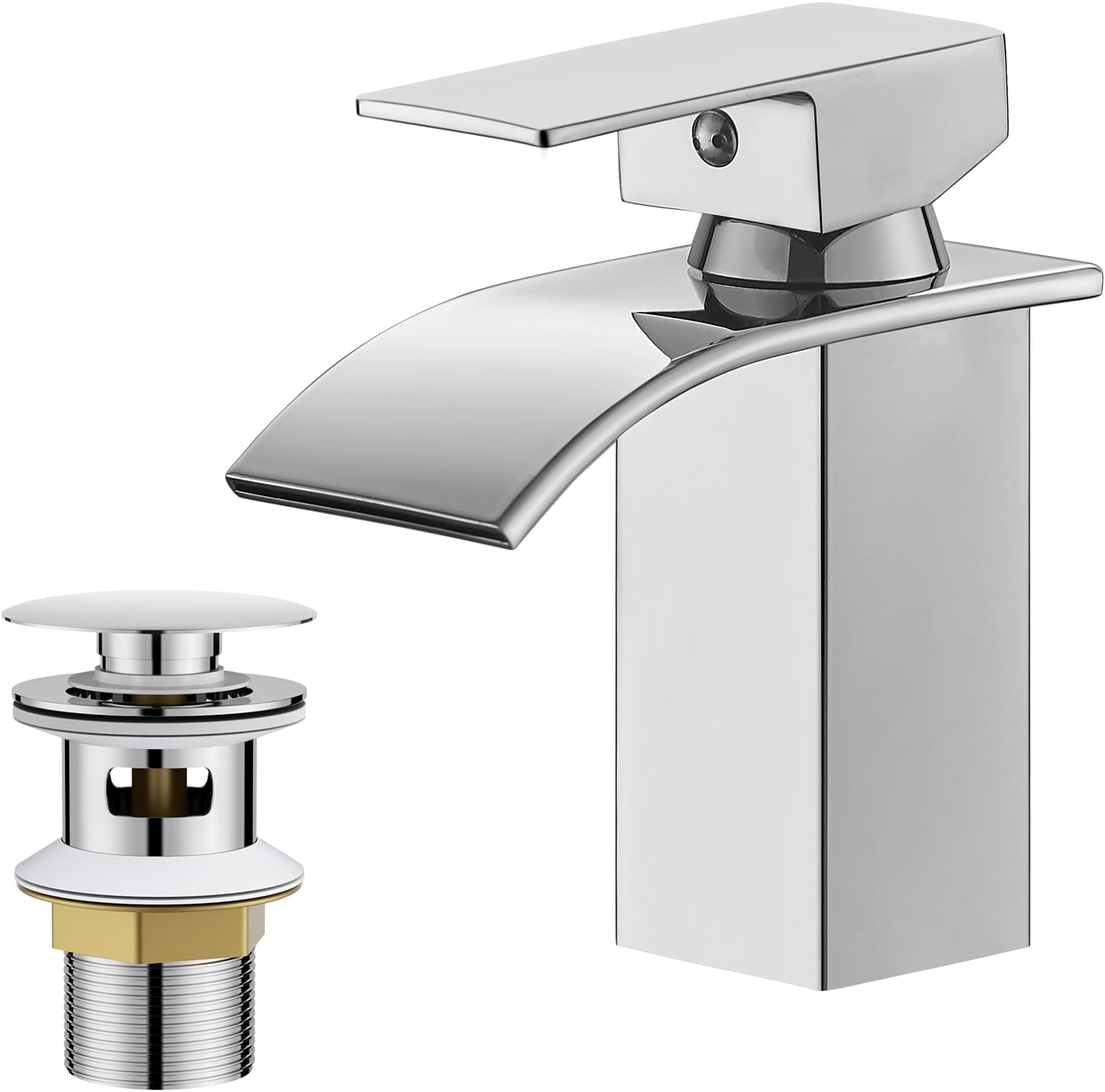 BESy Waterfall Spout Bathroom Sink Mixer Taps,Single Handle Basin Mixer Tap, Rv Lavatory Vessel Faucet,Stainless Steel,Polished Chrome