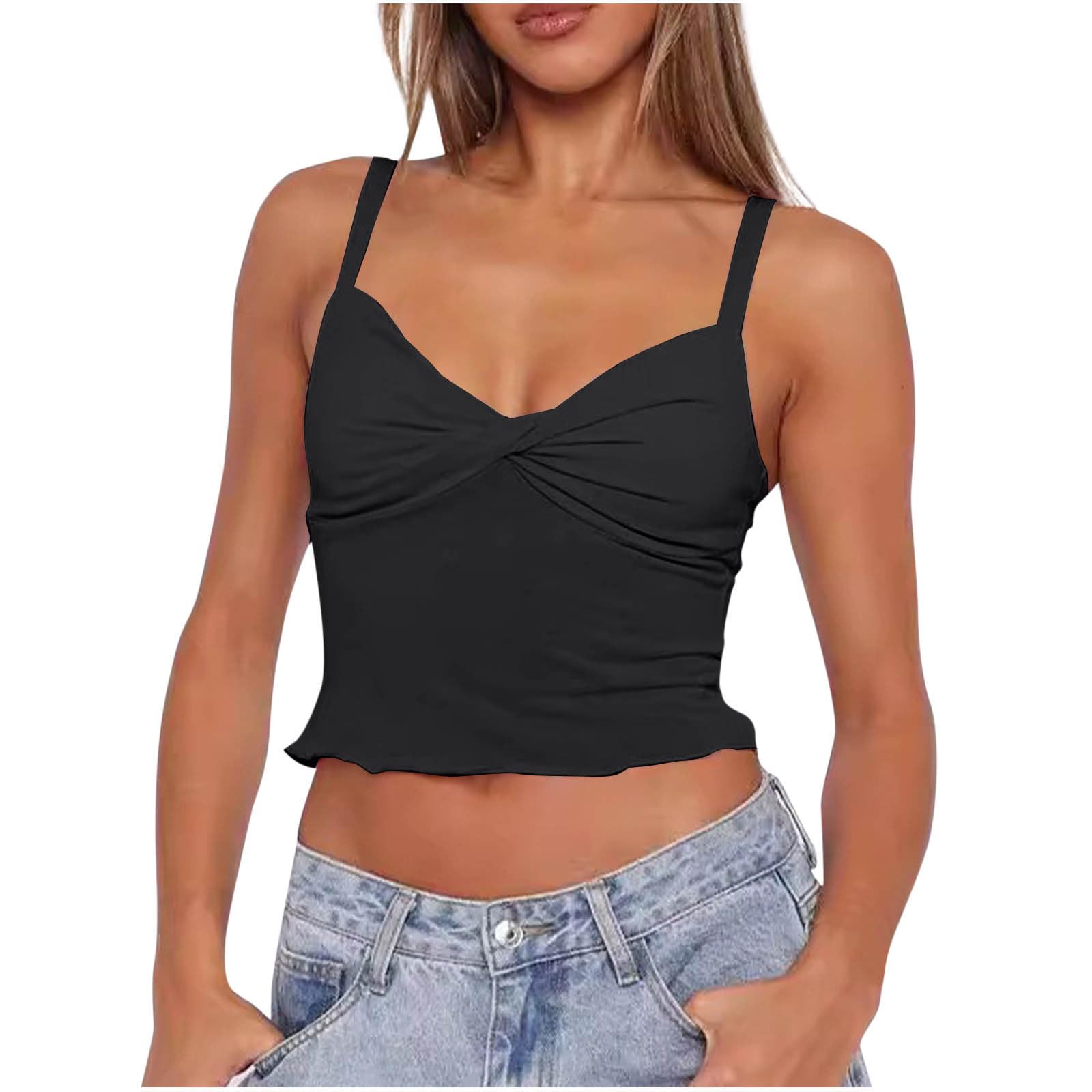 Women Going Out Crop Cami Tops Twist Front Spaghetti Strap V Neck Tanks Summer Y2k Clothes Teen Girls