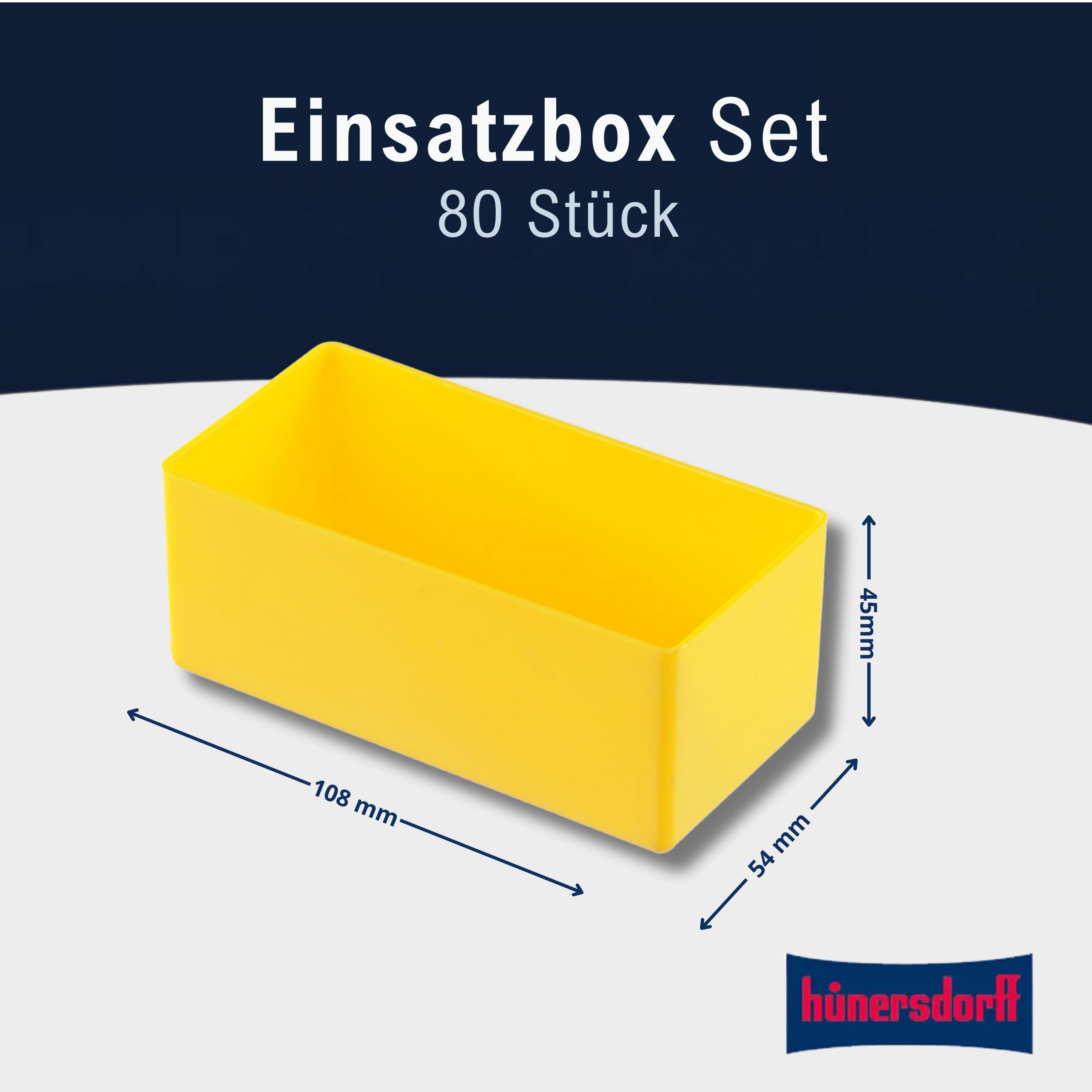 Huenersdorff 80 St. Einsatzbox 108 x 54 x 45mm (L x B x H) - Einsatzkasten - Set für individuellen Bestückung von Sortimentskästen, Kleinteile-Koffern, Schubladen und Schränken - Gelb