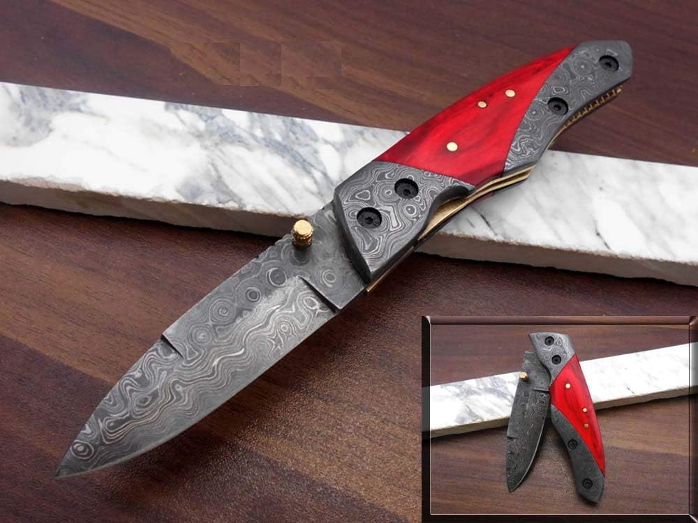 8" Long Folding Knife with Pocket Clip, Hand Forged Damascus Steel 3.5" Blade. Available in Walnut Wood, Bull Horn, Ram Horn, Red & Blue Scale with Damascus Bolster, Cow Hide Leather Sheath