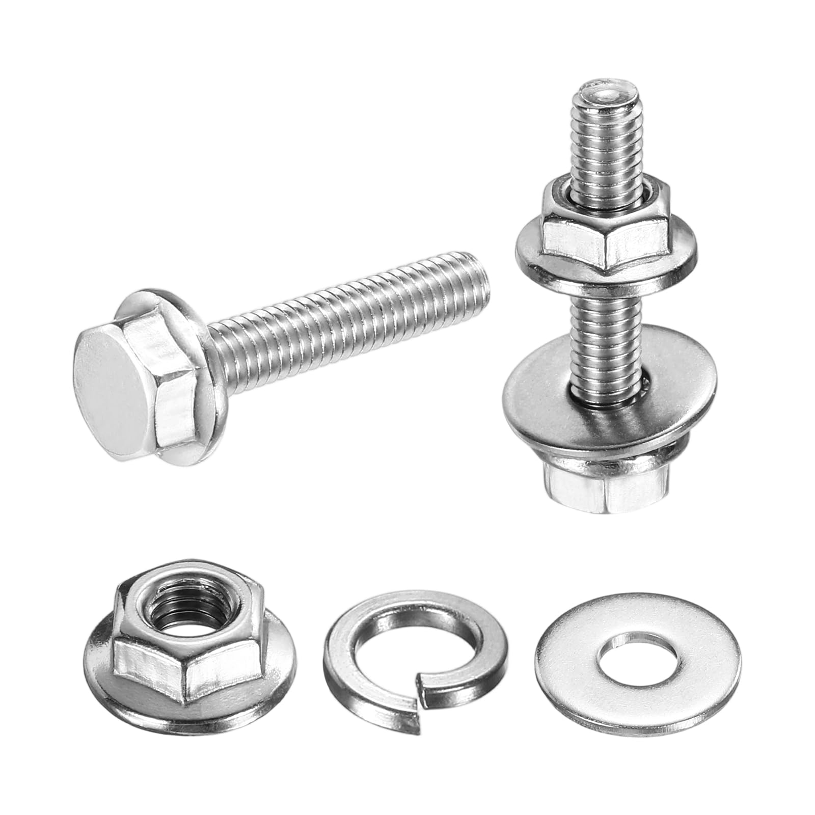 sourcing map M4 x 20mm Phillips Flanged Hex Head Bolts, 40Pcs 304 Stainless Steel Flange Hexagon Screws with Nuts, Flat & Lock Washers, Fully Threaded, for Machinery Industry Home, Silver