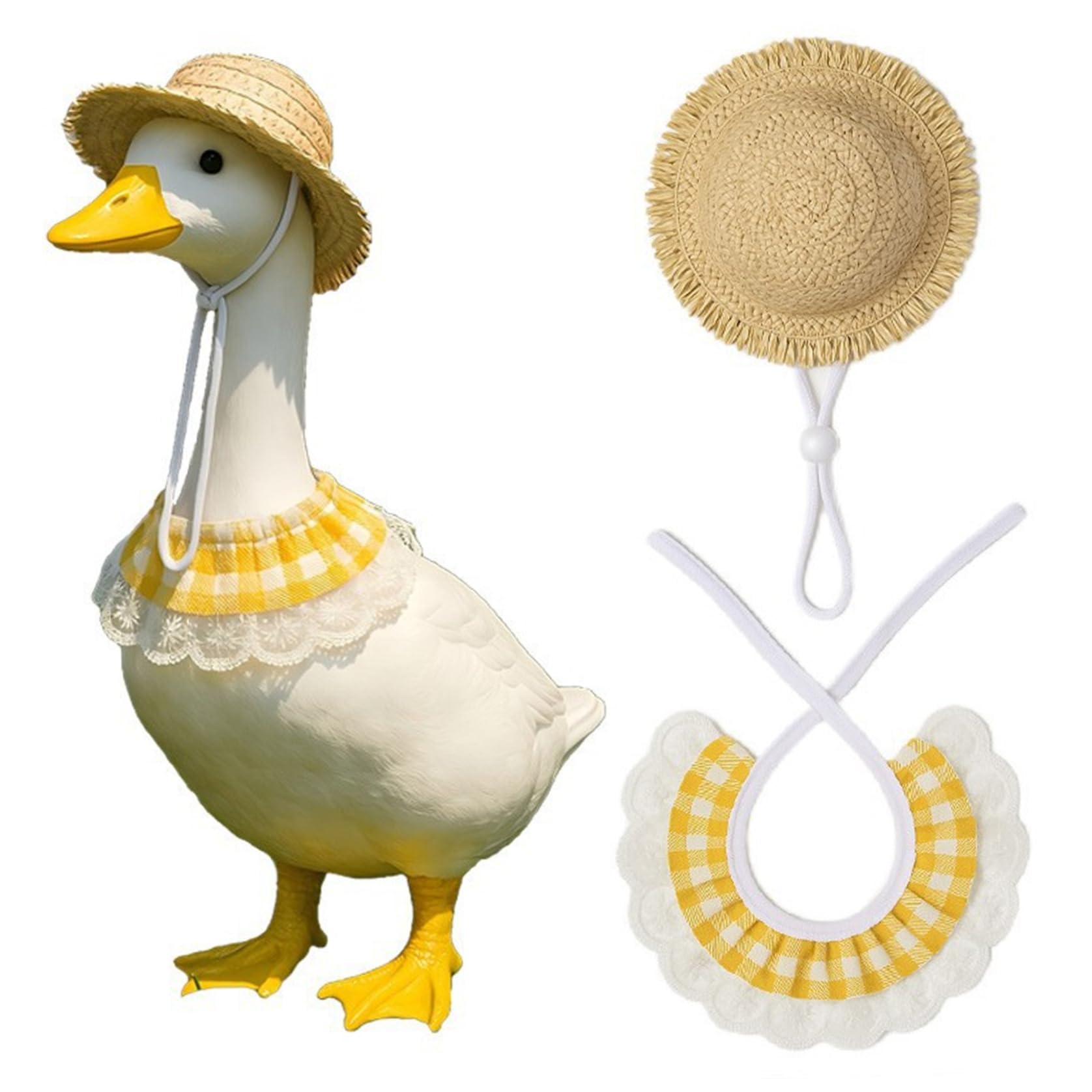 Perodlly Gooses Outfits Accessories Cute Country-Style Decorative Gooses Clothes Include Straw Hat & Bib for Outdoor Garden Patio Yard Lawn.