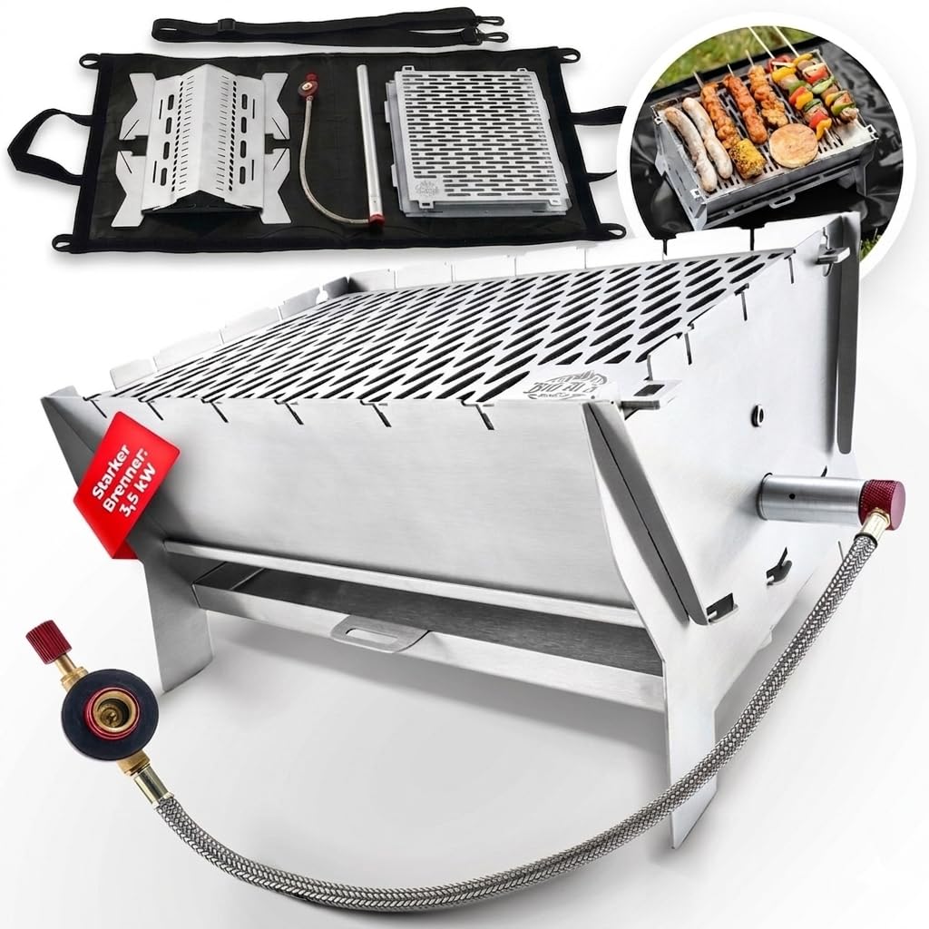 Little Bro Mobiler Steck-Gasgrill 3-in-1 Edelstahl Grill für Gas & Holz/Kohle - Inkl. Tasche (Grillmatte) & Schultergurt - Kompakter Campinggrill für Outdoor, Balkon & Trekking