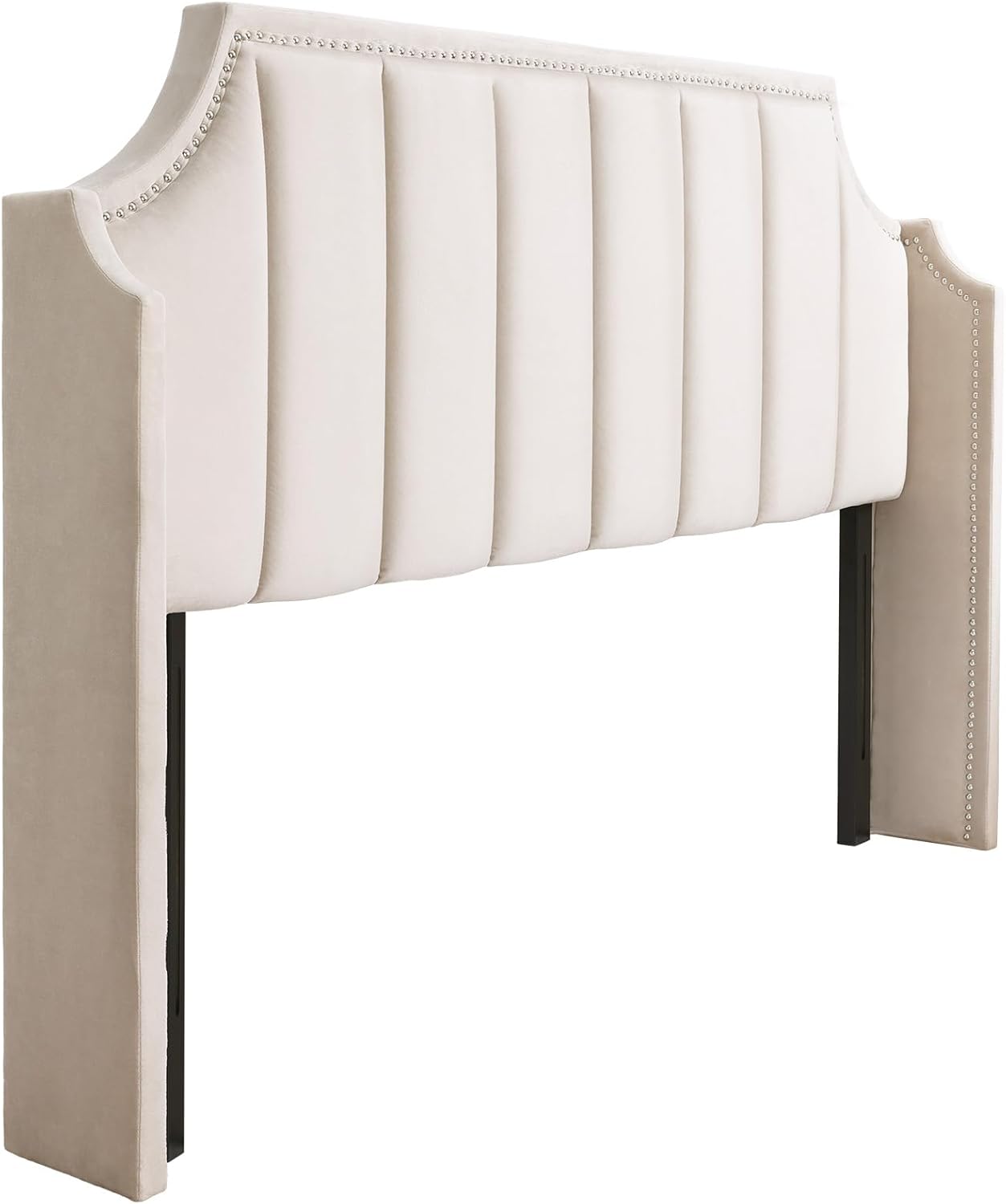 Velvet Queen Headboard, Luxury Upholstered Tufted Bed Headboard with Wingback/Adjustable Height/Nailhead Decor, High-Density Sponge Modern Channel Stitched Headboard, Beige