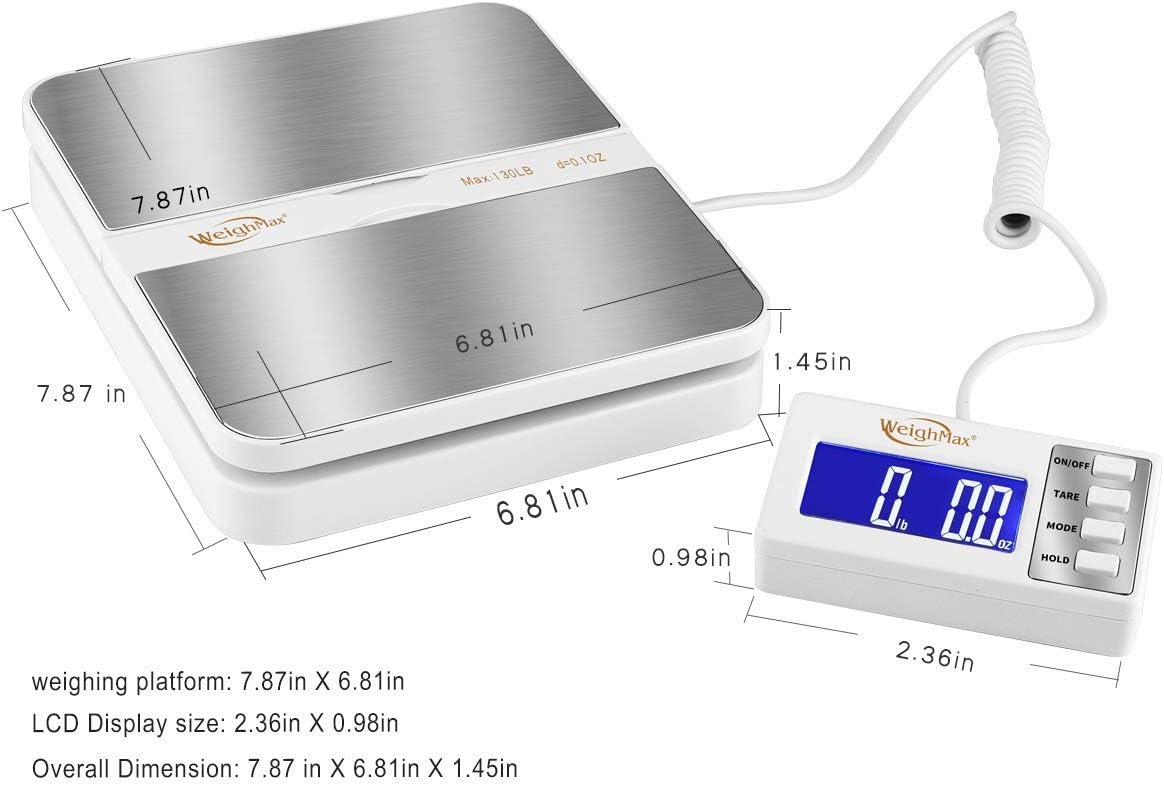 Weighmax 130Lb x0.1OZ Extended Display Digital Shipping Postal Scale, White : Office Products