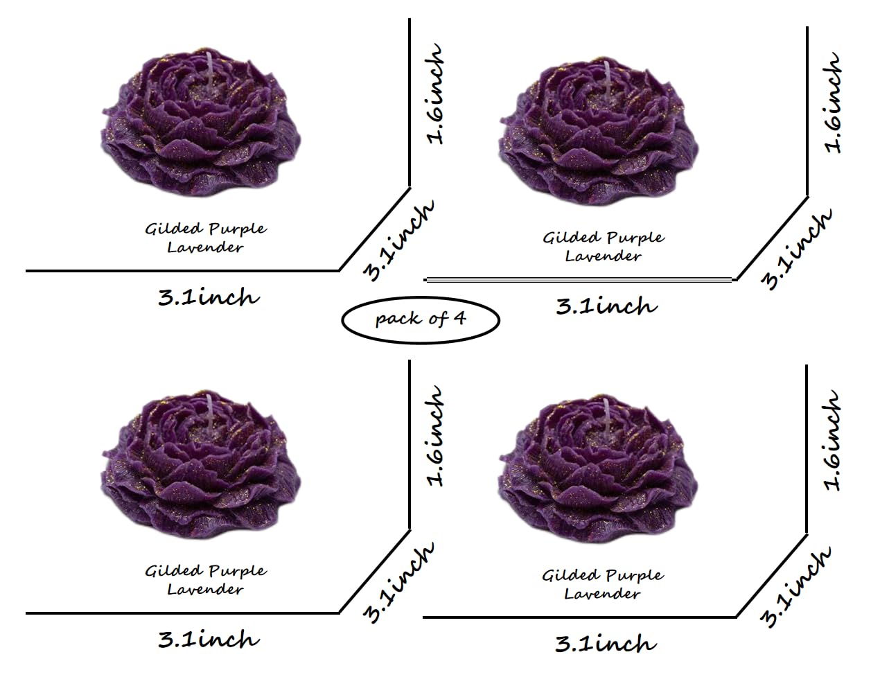 4 Pcs Low Temperature Candles 3.1 * 3.1 * 1.6inch Rose Shape, Gold-Plated Color, Lavender, Bulgarian Rose, Cherry Blossom Scent (4 Packs Gilded Purple)