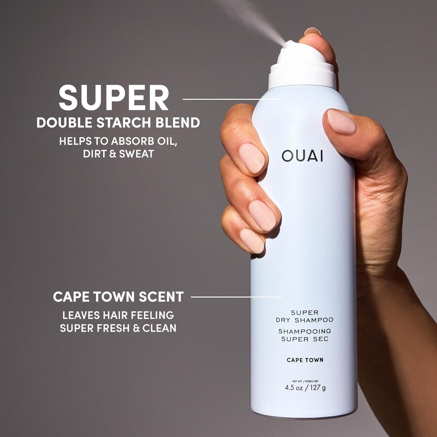 OUAI Super Dry Shampoo - Shampooing sec volumisant - Absorbe le sébum, la saleté & la transpiration - Se fond dans les cheveux sans laisser de résidus - Parfum longue tenue - Cape Town (127g)