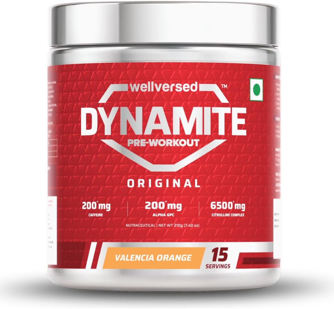 Dynamite Original Pre Workout For Men (15 Servings, Valencia Orange) For Focus & Energy Boost With 6500mg Citrulline Complex | Preworkout Supplements For Men - 210g