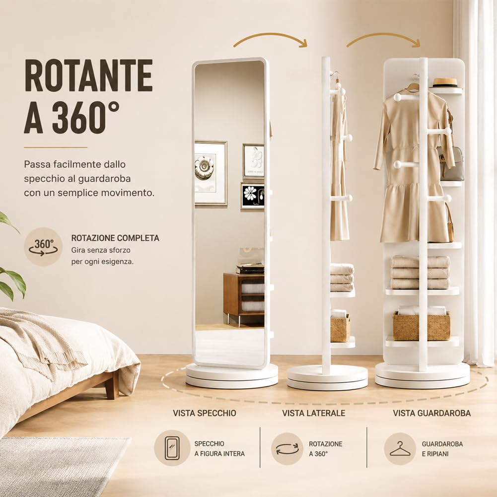 Shally Dogan Specchio Guardaroba Rotante con Struttura Bianca in Legno, Appendiabiti Attaccapanni da Ingresso, Camera da Letto e Ufficio Girevole con Ripiani, Decorazione Interni 170 x 45 cm
