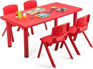 BETTARY Kids Table and Chair Set, Children Desk and Chairs w/Sturdy Table & 4 Stackable Chairs, 5 Pcs Plastic Activity Toddler Furniture Set for Reading & Painting & Playing & Snack Time (Red)