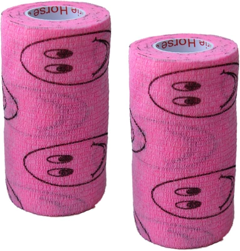 Bandagem Autoadesiva Elástica Vet Wrap para Cavalos e Pets Prairie Horse Supply, 4" x 4,57 m, Pacote com 2 – Rosa com Sorrisos