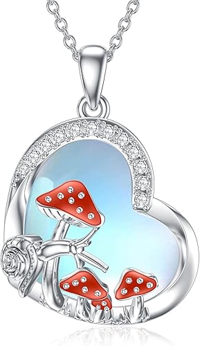 LELOUCHY Moonstone Necklace for Women 925 Sterling Silver Heart Necklace Highland CowMushroom Pendant Necklace Cute Animal Necklace Jewelry Gifts