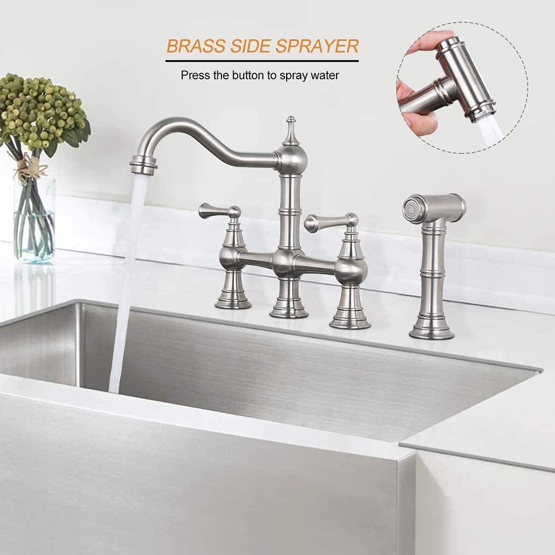 WOWOW 4 Hole Brass Bridge Kitchen Faucet with Side Sprayer, and Brass Pot Filler Faucet Wall Mount
