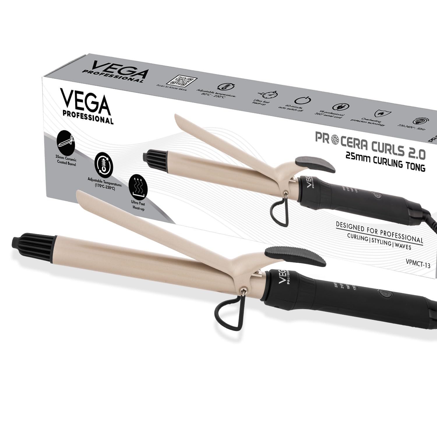 vega professional hair curler pro cera curls 2.0 25mm ceramic curling tong, professional curling iron for loose curls & beach waves, fast heating, adjustable temperature, salon finish (vpmct-13)