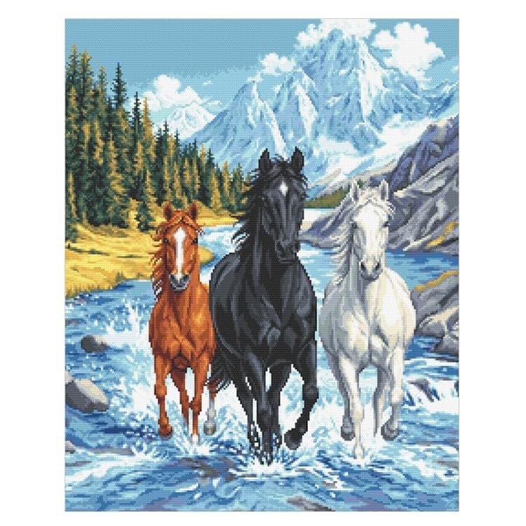 Coricamo Kreuzstich Stickset Pferde im Galopp – Stickpackung mit Aida 14ct (100% Baumwolle), Ariadna Stickgarn, Sticknadel und farbigem Zählmuster – DIY Stickerei Set für Erwachsene