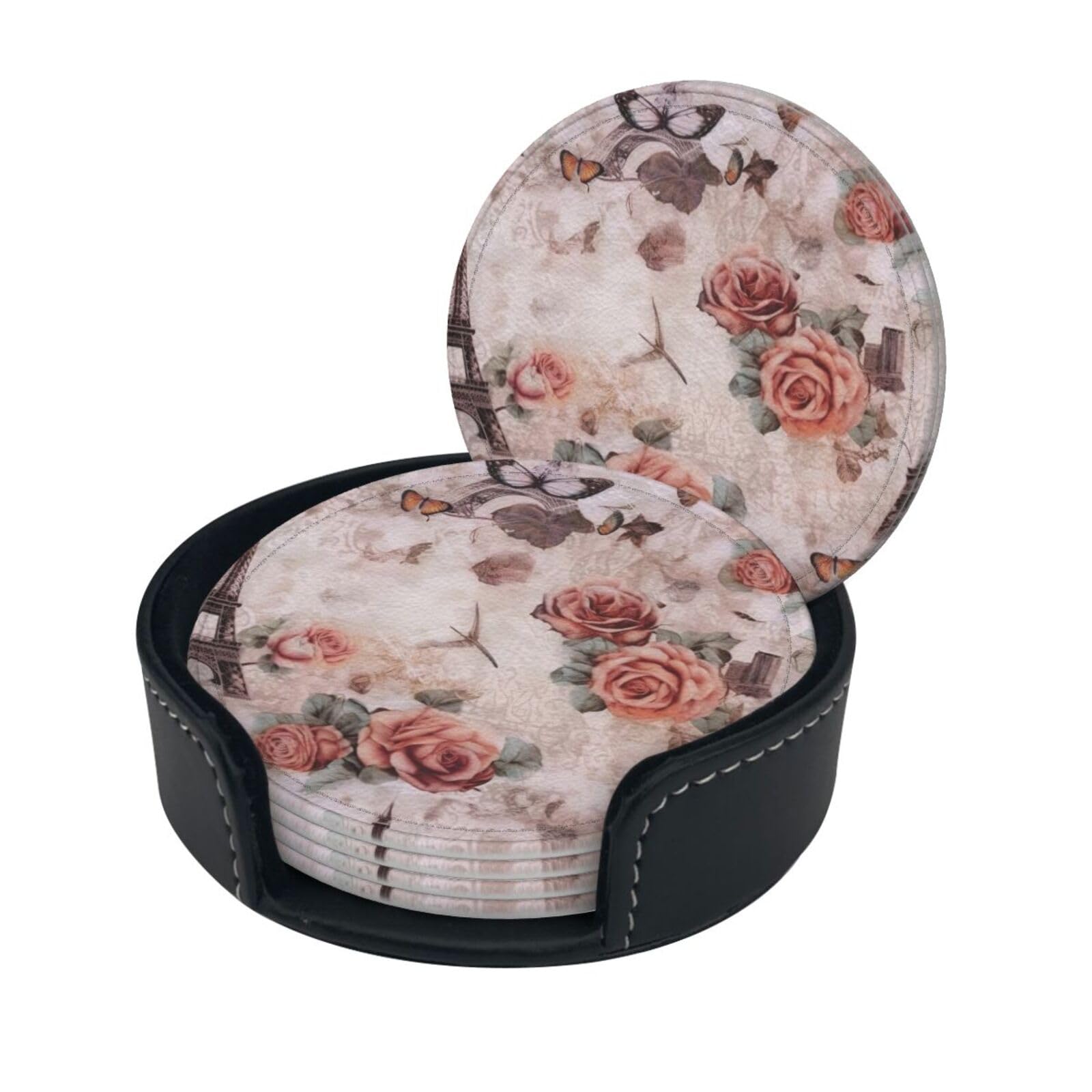 Stylish Coasters - Animal Tiger Leopard Print Rose Flower Set of 6 Round Leather Drink Coasters with Holder - Perfect Size for Cups and Glasses