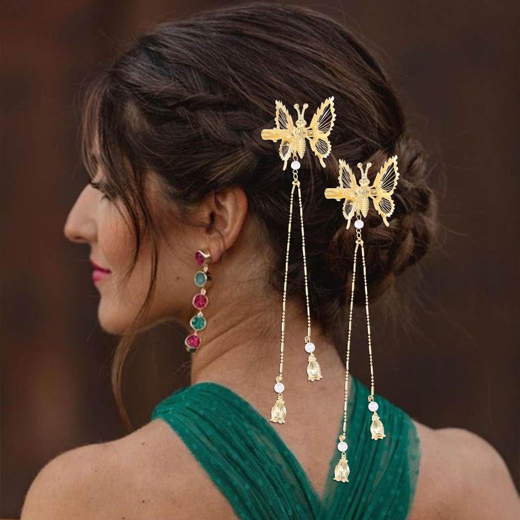 Pinzas de mariposa para el cabello, pasadores dorados para el cabello, con borlas aleteantes, juego de accesorios para el cabello para mujeres y niñas (paquete de 2) 7