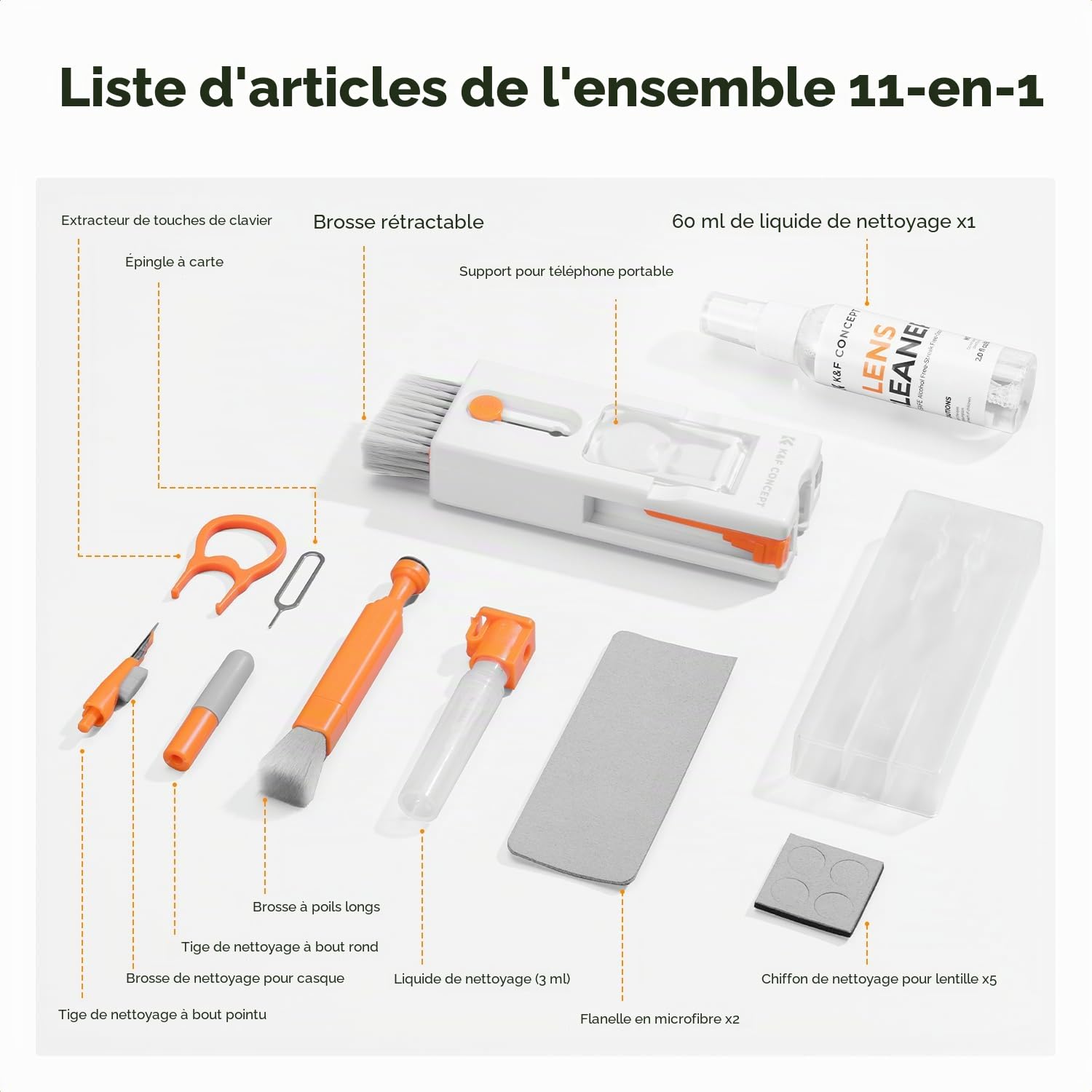 K&F CONCEPT Kit Nettoyage Clavier Ordinateur 11 in 1 avec Nettoyant 60ml, Kit de Nettoyage Multifonction pour Appareils Électroniques, Téléphone, Tablette, Pc, Appareil Photo, Clavier, Écouteurs