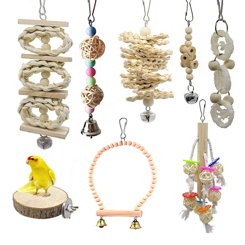Tiardey - 8 Paquetes de Juegos de Aves,Columpios para pájaros,Columpios,jaulas para pájaros,Campana Colgante de Madera,Jaula para pájaros para Loros,periquitos,cacatúas,cotorras,guacamayos,pinzones