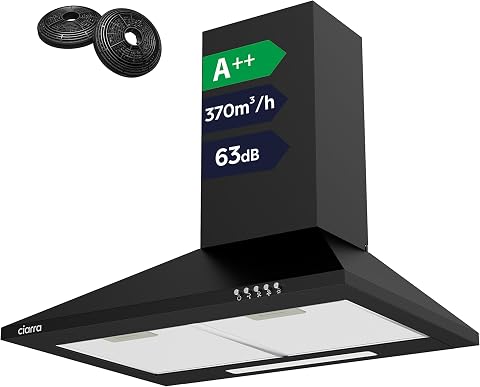 CIARRA CBCB6201 Cappa Aspirante Cucina 60 cm Classe A++ - Design Nero, 370 m³/h, 3 Livelli di Potenza, Montaggio a Parete con Filtro Carbone CBCF002X2