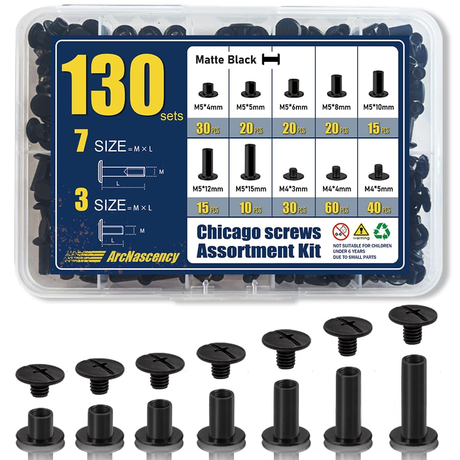 130 Sets Matte Black Chicago Screws for Leather, Leather Rivets Kit, 7 Sizes M5x4-15mm & 3 Screw Lengths M4x3-5mm, True Deep Black Chicago Screw for DIY Craft and Projects-image-17