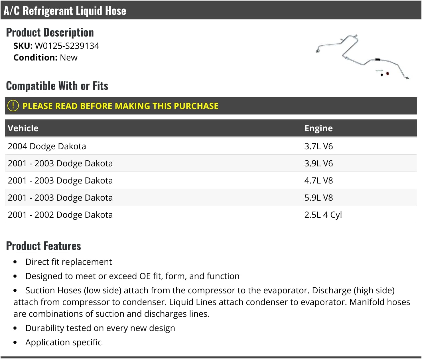 Marketplace Auto Parts A/C Liquid Hose - Compatible with 2001-2004 Dodge Dakota (Silver, Synthetic Rubber)