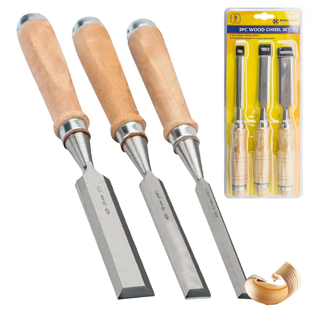 3Pc Carpenters Wood Chisel Set - Workshop Hand Tool, Precise, Impact Resistant Grip Handles | Ideal for Carving & Woodworking Projects | Durable Steel Blade