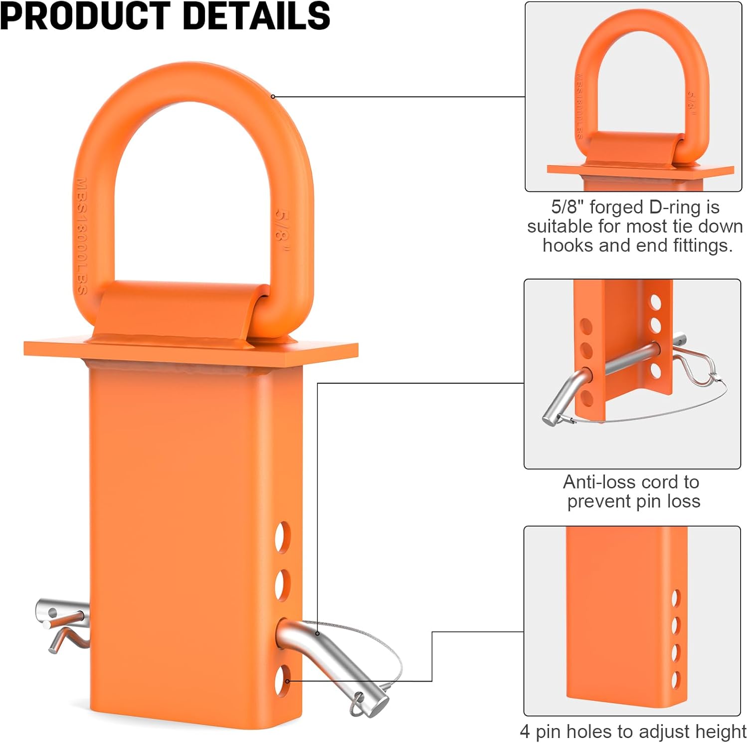 AUH 5/8” Stake Pocket Tie Down D Rings Orange 4PCS, Trailer D Rings with Anti-Loss Pin, Heavy Duty Adjustable Utility Trailer Towing Rings 18000 LBS Capacity for Flatbed Cargo Trucks Accessories - Image 6