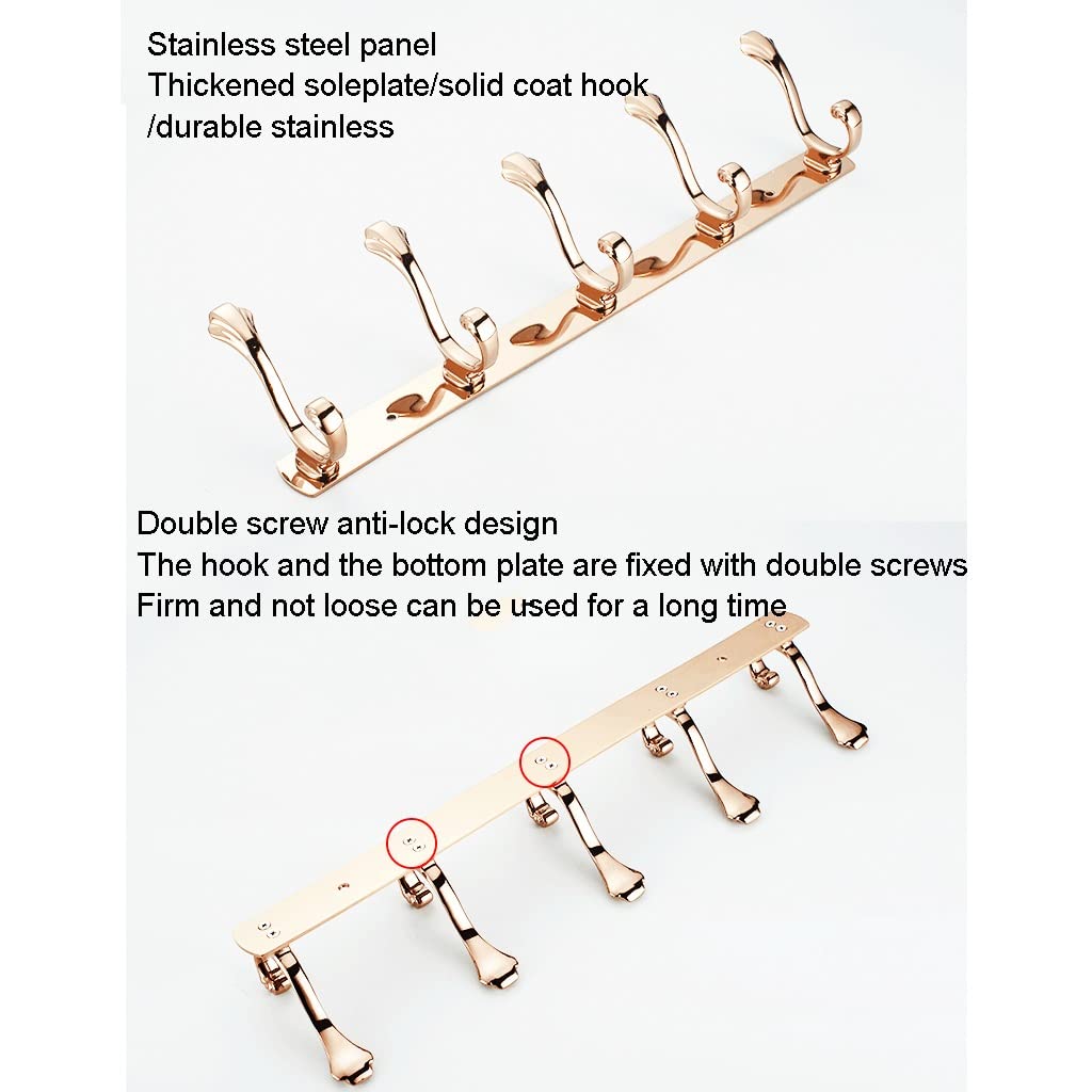 Kleiderhaken Wandgarderobe, Edelstahl Kleiderhakenschiene for Mantel, Hut, Handtuch, Roben, multifunktionaler Kleiderhaken Badezimmer (Color : Rose Gold, Size : 6 Hooks)