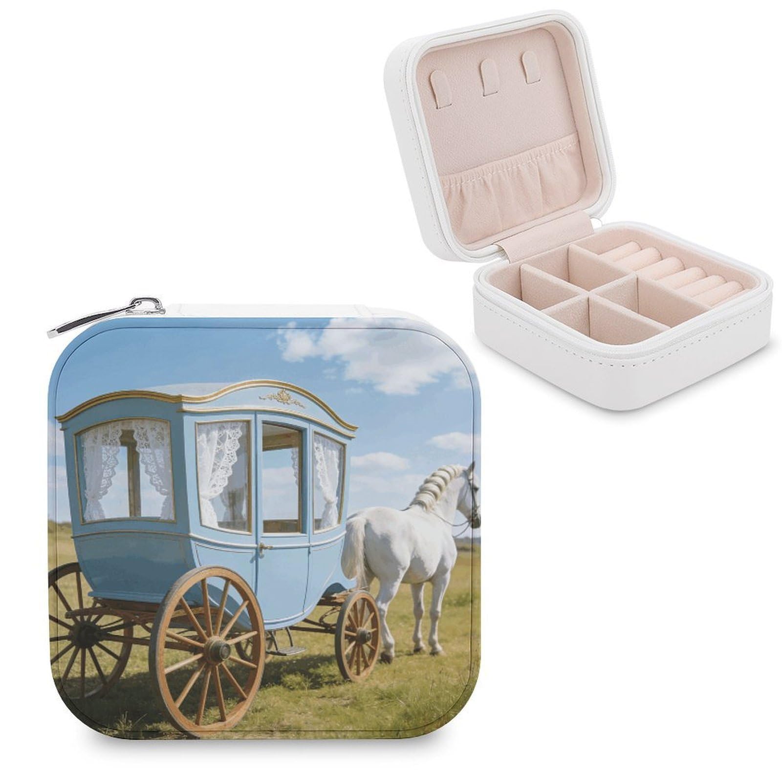 VstaDank Light Blue Carriage Jewelry Box Beautiful Portable Ring Boxes Cute Large-Capacity Jewelry Case Jewelry Organizer for Mothers Gifts for Earrings Rings Hand Bracelet