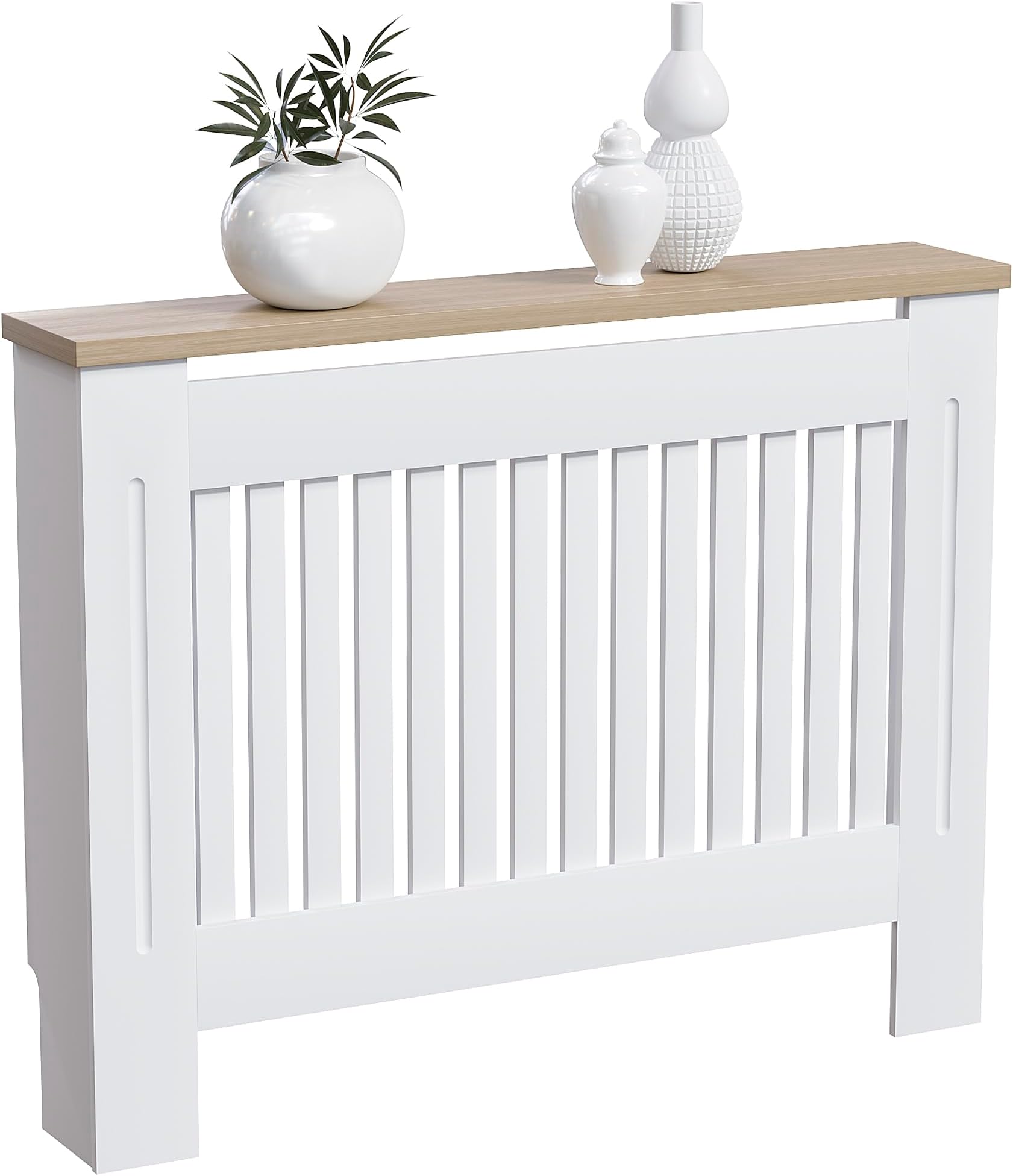 Arlington Radiator Cover White - Medium - Modern Shaker Style Vertical Slat Design For Optimal Heat Circulation - H83.3xW111xD19cm - Painted MDF Cabinet with Wood Top Shelf