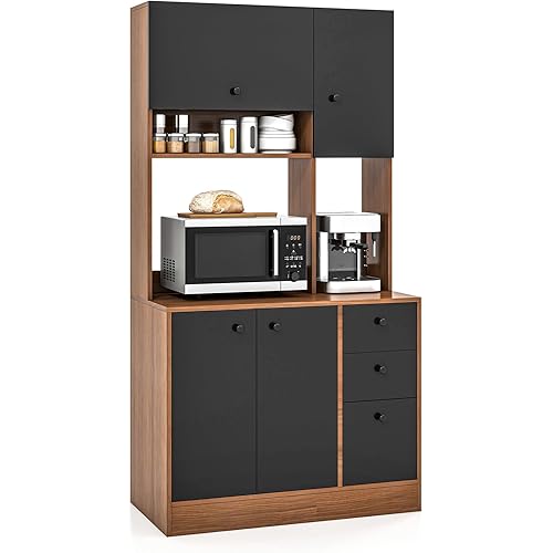 Giantex Kitchen Pantry, Buffet Hutch with 3 Storage Cabinet, 71'' Floor Large Cupboard with 3 Deep Drawers, Wide Countertop, Adjustable Shelves, Tall Sideboard (Walnut & Black)