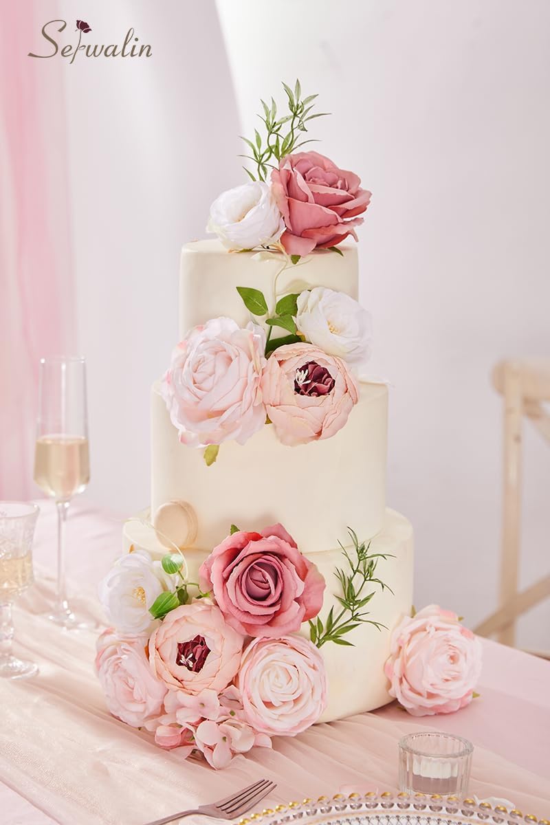 Serwalin Artificial Flowers Pink Peonies Silk Flowers Fake Flowers with Stems Dusty Roses for Wedding Bouquets Centerpieces Cake Decor Baby Shower Decoration - Image 3