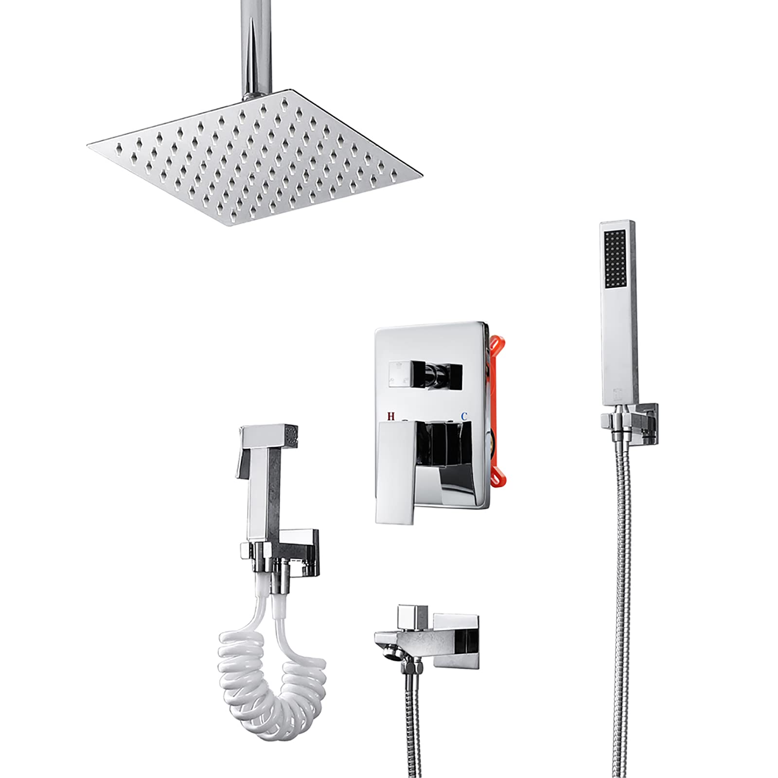 Sistema de Ducha de Lluvia de 8 Pulgadas, Grifo Cromado con caño para bañera, Ducha de Techo, Mezclador de Lluvia de latón con Cabezal de Ducha, Ducha de Mano, rociador de bid(Square)