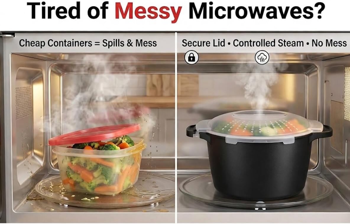 Microwave Vegetable Steamer & Rice Cooker Bowl with Locking Lid – 2 Quart No Spill Microwave Cookware Container, BPA Free, for Steaming Veggies, Meal Prep & Reheat