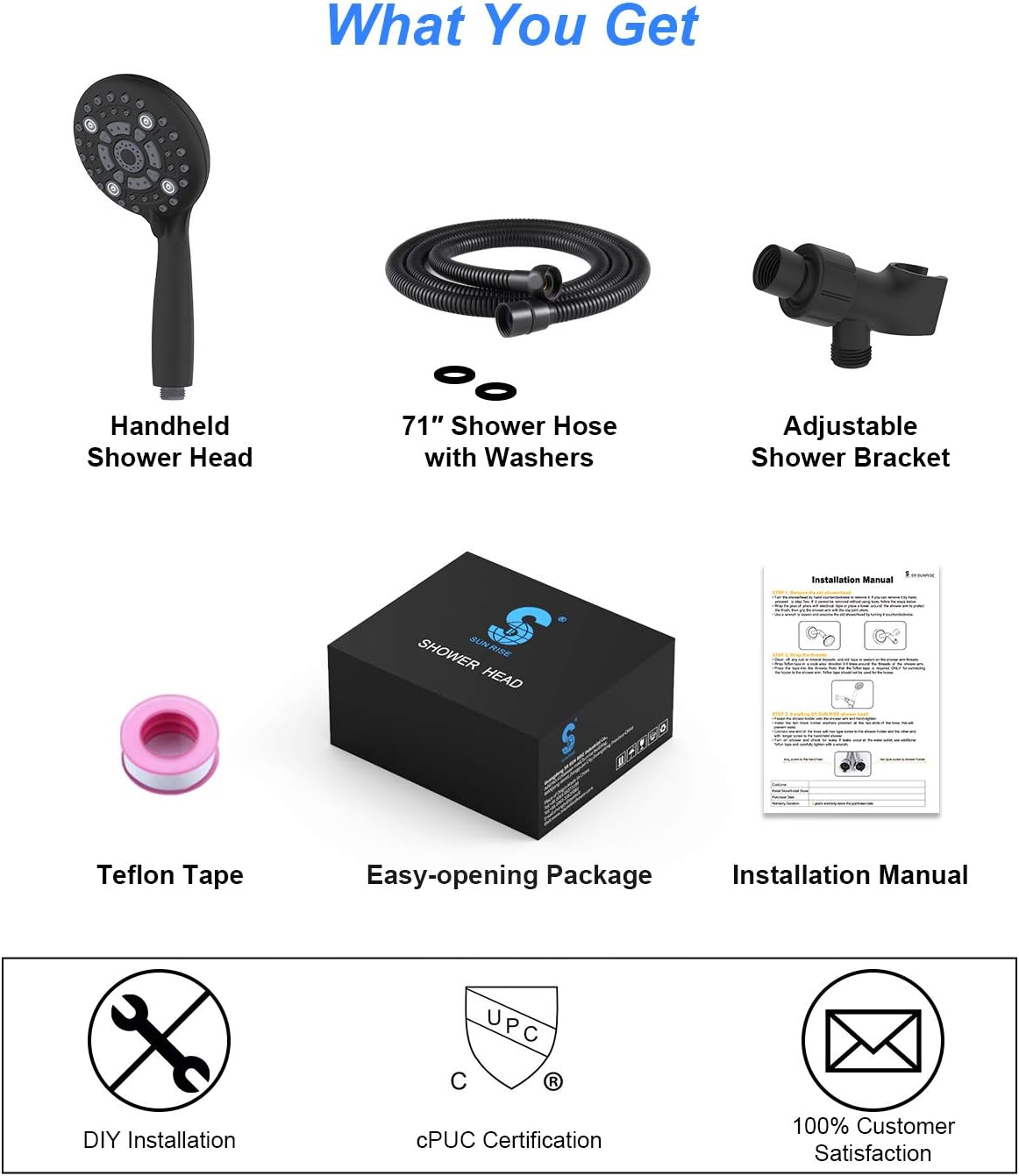 Shower Head, SR SUN RISE 6-Settings 4.8" High Pressure Handheld Shower Head Set with 1.8 Meter/71 Inch/ 5.9 FT Long Shower Hose and Shower Bracket, Black