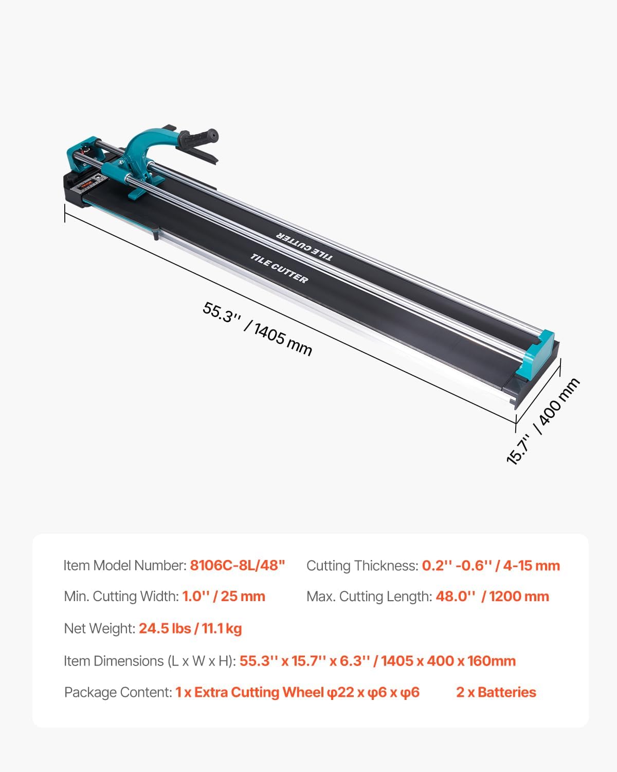 VEVOR Manual Tile Cutter, 48 inch Professional Porcelain Ceramic Tile Cutter, Double Rails with Tungsten Carbide Cutting Wheel, Anti-Skid Feet & Infrared Positioning for Home Industrial