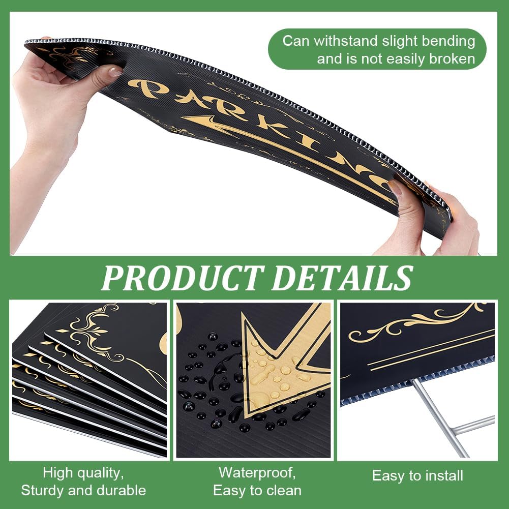 Peacoblue 6 Pcs Parking Sign with Metal H Stakes,12"x16"Double-Sided Black&Gold Arrow Signs,Waterproof Corrugated Plastic Parkway Signs for Outdoor Events,Weddings and Parties