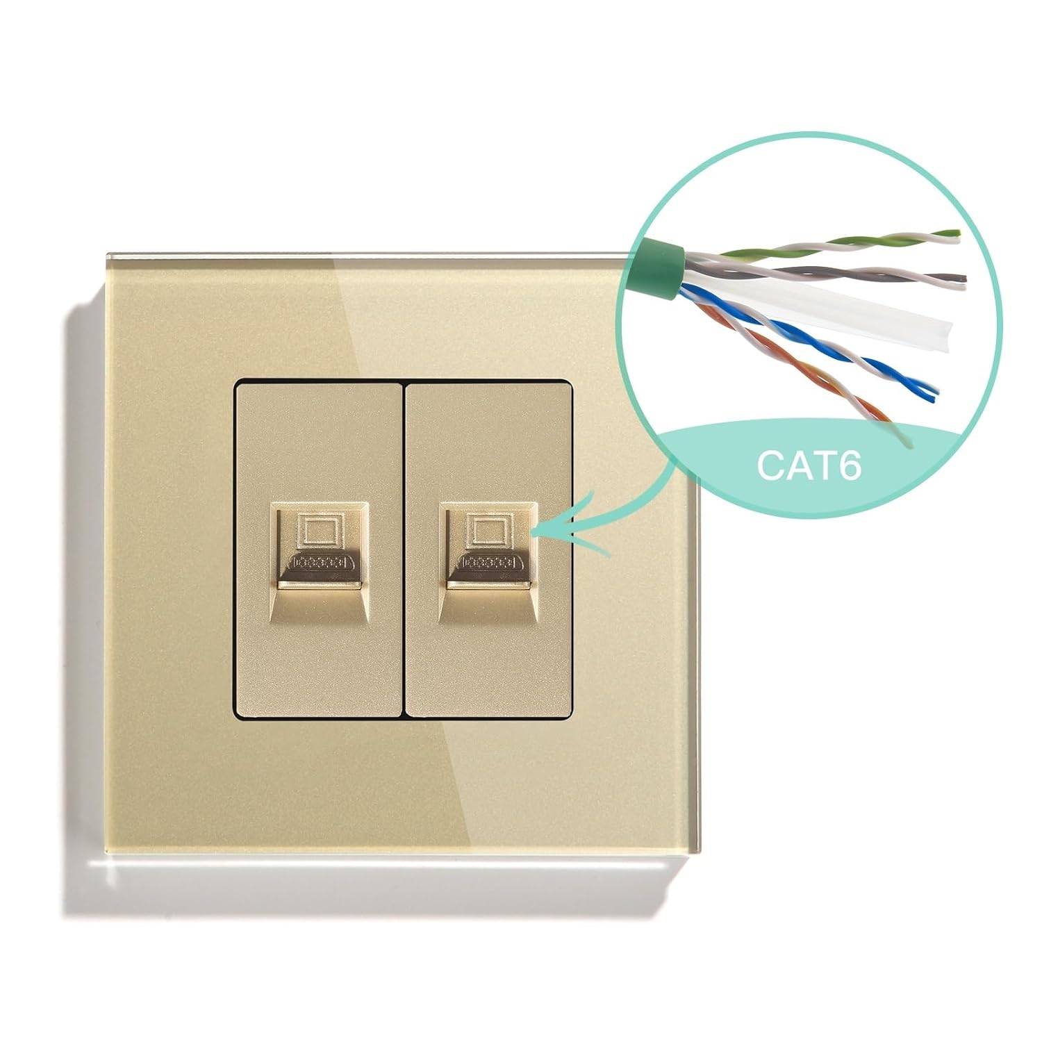 Double CAT5 Network Data Socket Internet RJ45 CAT6 PC Wall Outlet EU Standard Tempered Glass Panel White Black Golden(CAT6 Golden)