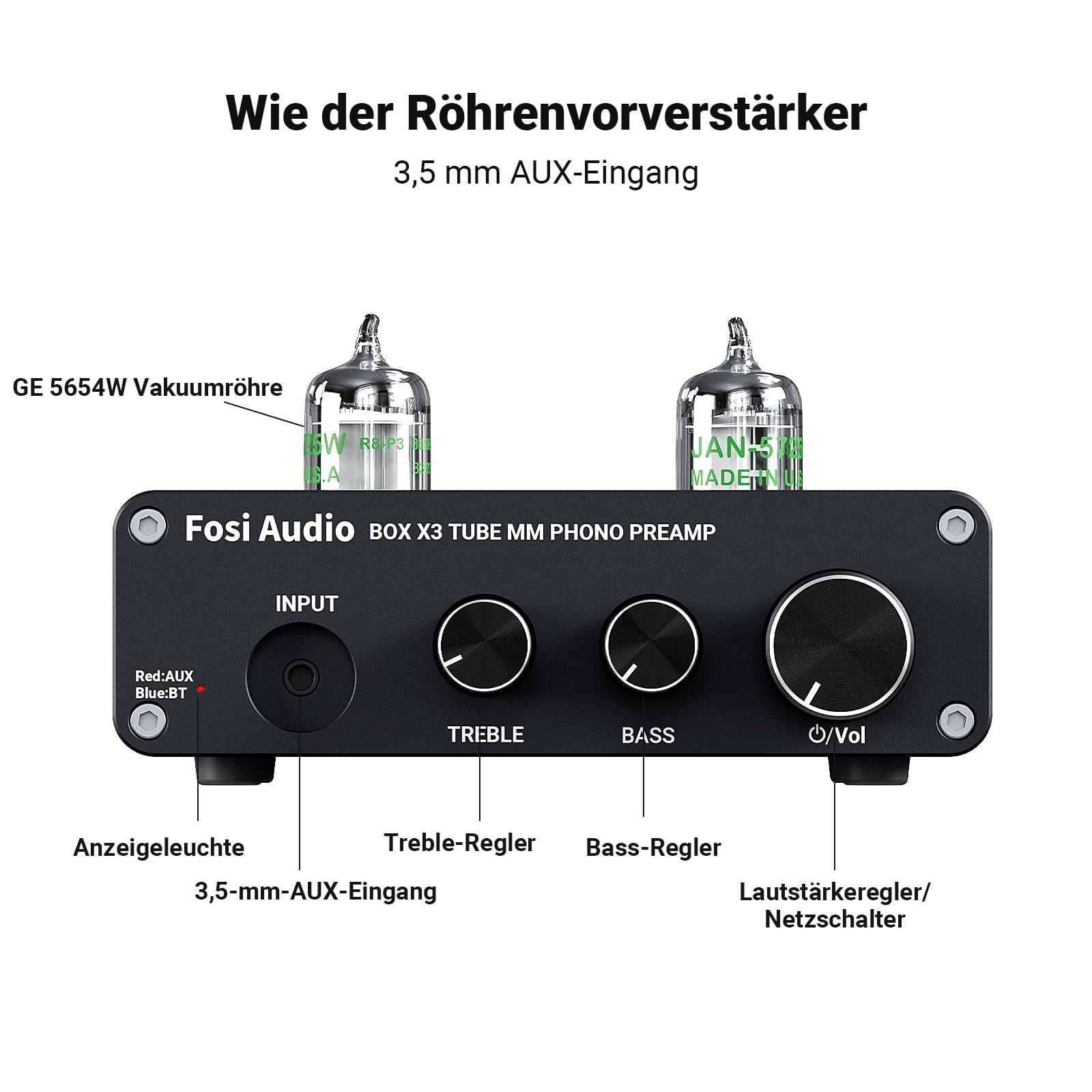 Fosi Audio BOX X2 Röhren Phono Vorverstärker – Für MM Plattenspieler, Austauschbare Röhre, Gain-Regelung, Mit AUX Eingang & Netzteil