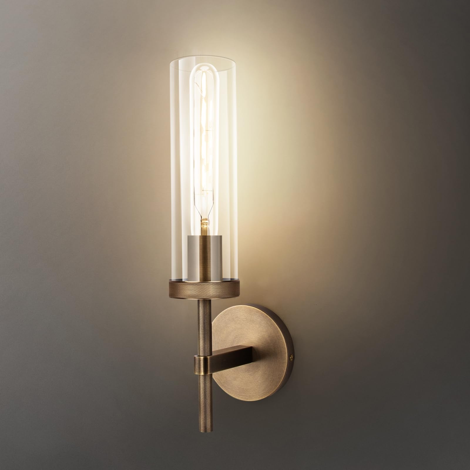 Bronze Wall Sconces, 15'' Brushed Brass Knurled Bathroom Sconces Wall Lighting Vanity Light with Clear Glass, Indoor Wall Mount Light for Living Room Mirror Bedroom Stairs