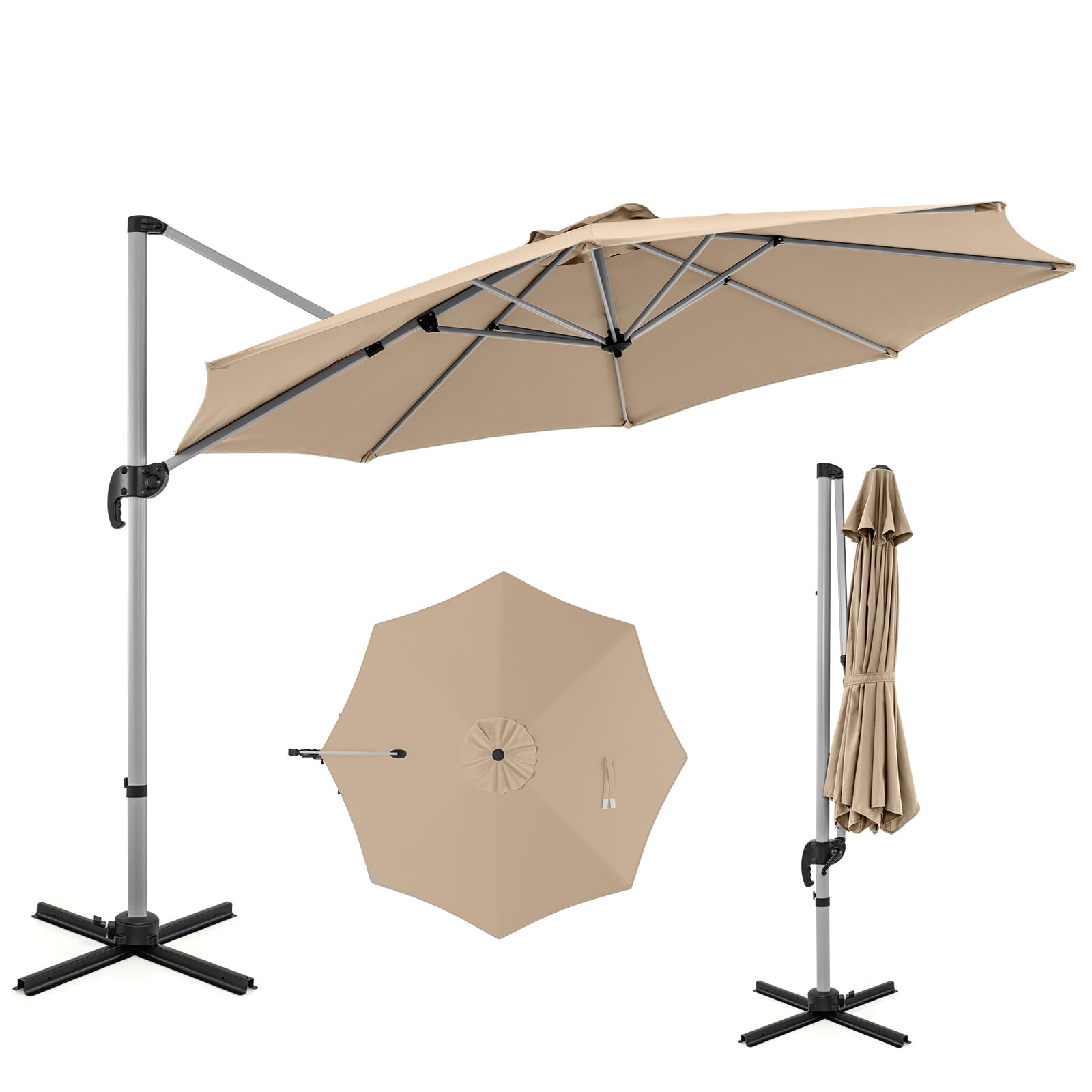 COSTWAY Parasol przeciwsłoneczny Ø 330 cm, z korbą, obracany o 360°, regulowany kąt nachylenia, UPF 50+, parasol ogrodowy, parasol tarasowy, do ogrodu, na taras, balkon, beżowy, 330 cm