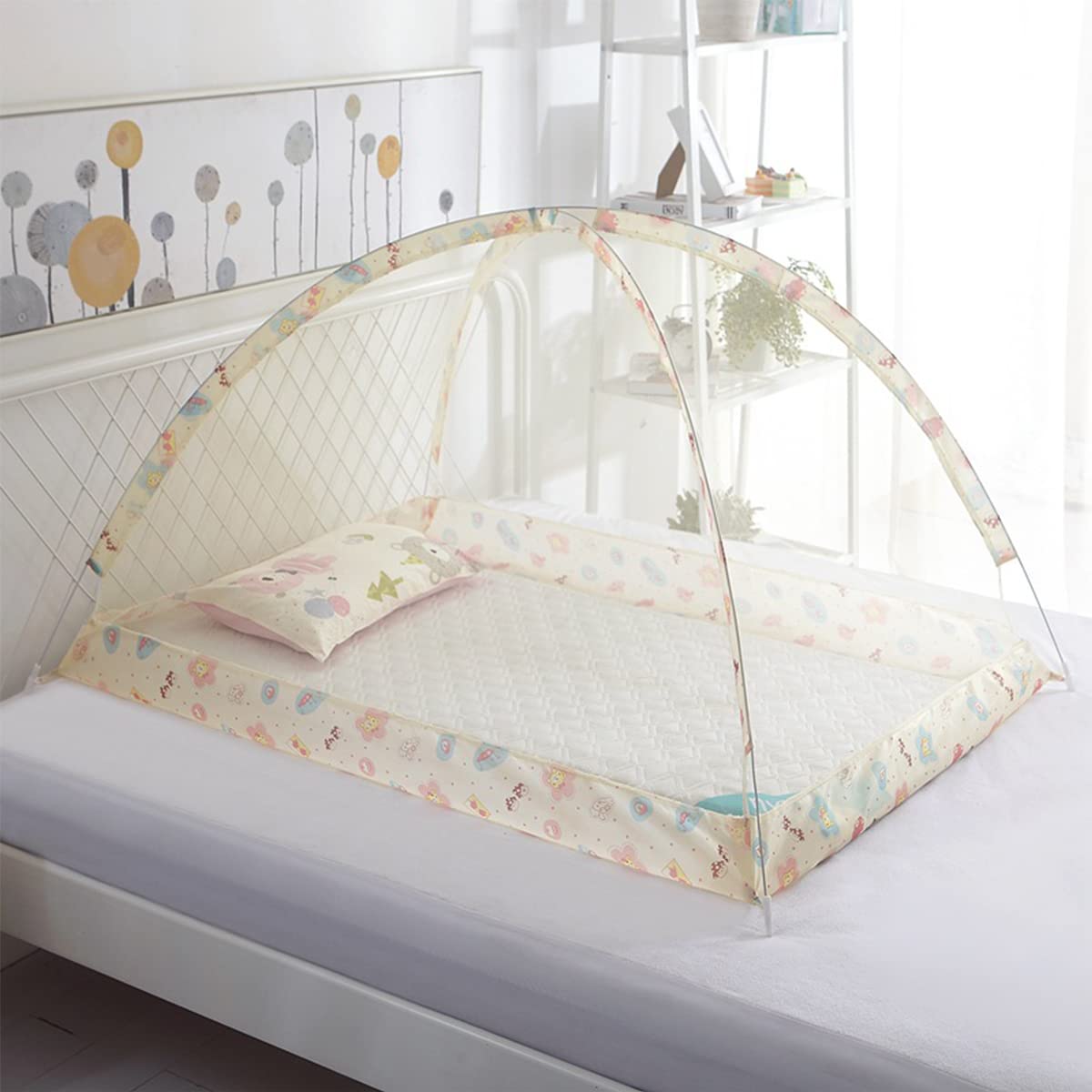 Zanzariera per neonati, pieghevole, anti-morso, portatile, senza installazione (beige)