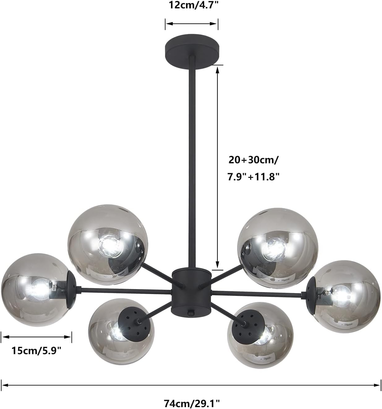 KCO Lighting Mid Century Modern Globe Sputnik Chandelier 6-Light Smoke Gray Glass Globe Flush Mount Ceiling Light Black Farmhouse Kitchen Island Lighting Fixture (Black+Smoke Gray)
