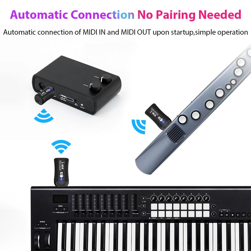 Adaptateur MIDI sans fil rechargeable, émetteur-récepteur audio 2,4 GHz, ultra faible latence, connecteur MIDI silencieux intégré pour instruments à vent, guitare, piano numérique, clavier